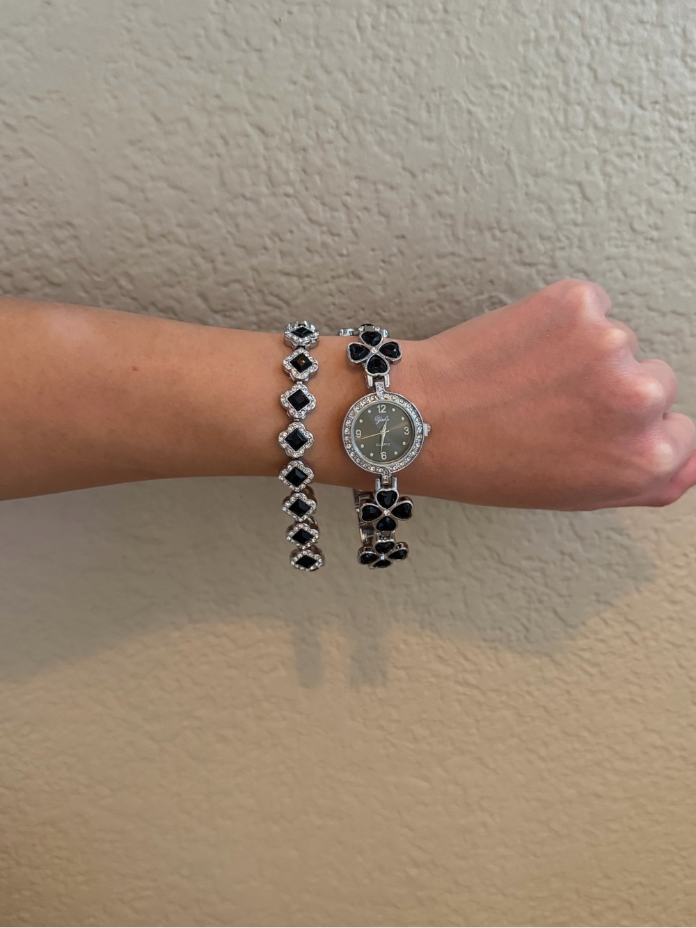 Women's Black Floral Bracelet Watch and Matching Bracelet Set